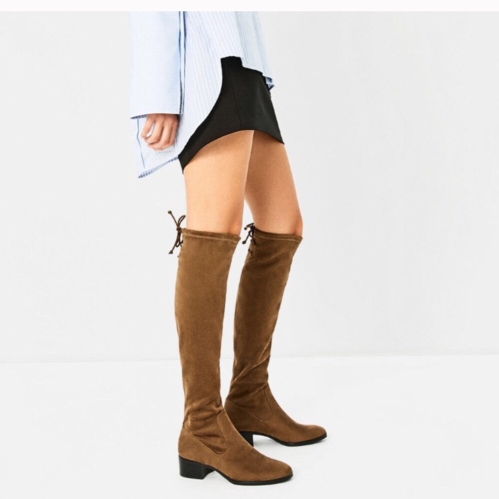 ZARA KHAKI FLAT OVER THE KNEE  BOOTS NEW WITH TAGS US 11
